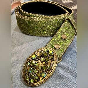 Y2K Green Glitter and Rhinestone Belt with Gold Buckle 32”